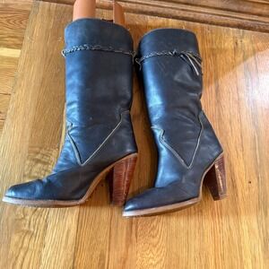 Vintage Zodiac USA Leather Tall Boots Black braided Wood Heel 7.5M